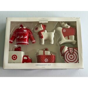 Target Wondershop Bullseye Dog Ceramic Christmas Ornament Set 6 Count Red White